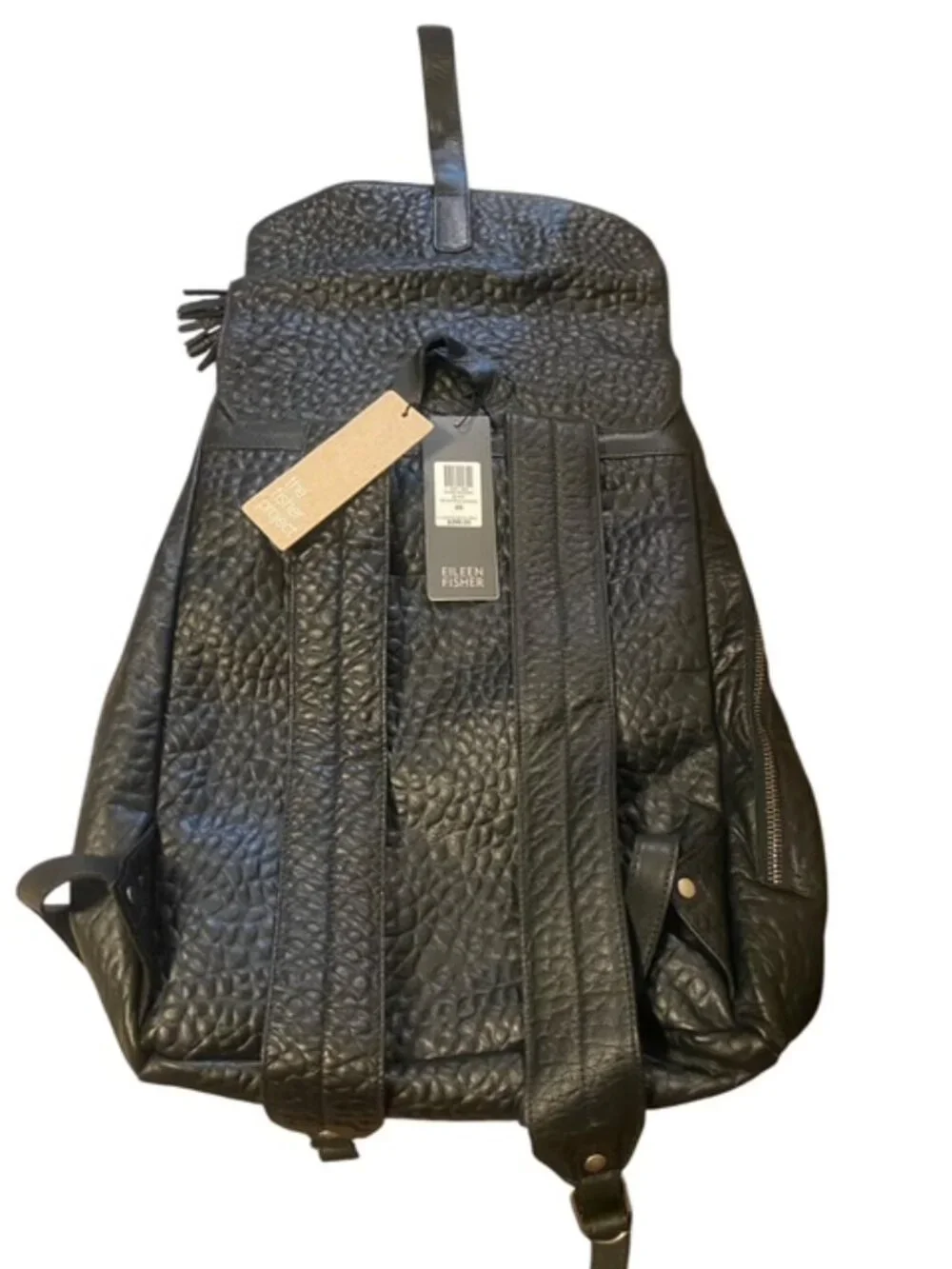NWT Eileen Fisher Black Pebbled Leather Tassel Backpack- includes dustbag